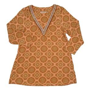 Soft‎ Surroundings Top Size Medium Orange Geometric V Neck Beaded Art Lillia